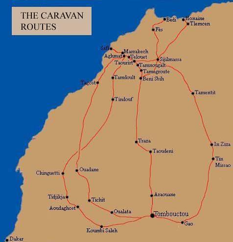Historic map showing caravan routes connecting Morocco with West Africa — the trans-Saharan network that linked the Kingdom of Morocco to the empires of the Niger Bend
